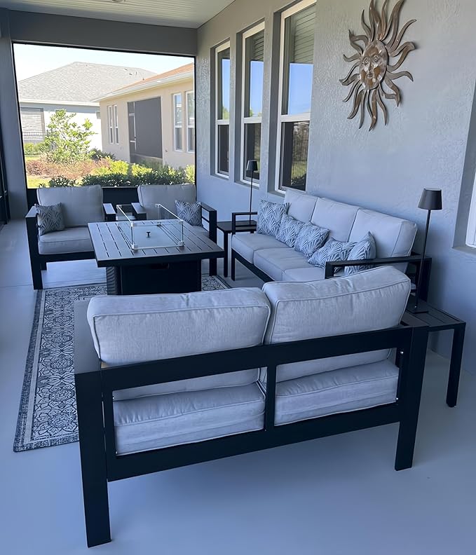 LayinSun Aluminum Furniture Set with Fire Pit Table, 5 Pieces Patio Sectional Conversation Chat Sofa Modern Seating Set