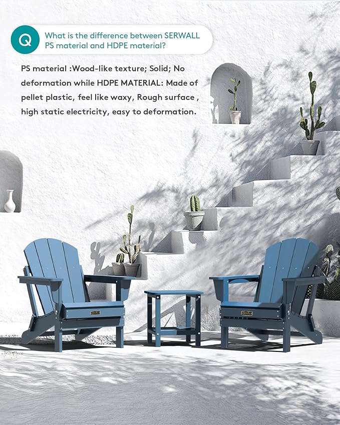 SERWALL Foldable Adirondack Chair Set of 2 for Patio Garden Outdoors Fire Pit-Blue