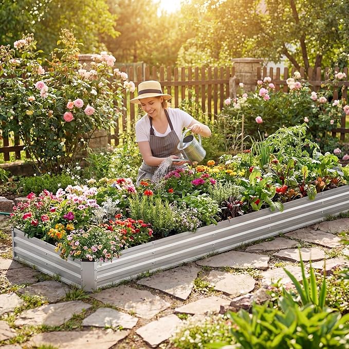 NEWBULIG 12x4x1ft Galvanized Raised Garden Bed, Outdoor Metal Planters Box for Vegetables, Flowers & Herbs, Open Base, Easy Assembly, X-Shaped Bars