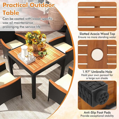 Tangkula 5 Pieces Patio Dining Table Set for 4, Rattan Conversation Set with Umbrella Hole, Seat Cushions & Acacia Wood Tabletop, Outdoor Dining Table with 4 Chairs for Backyard, Poolside & Deck