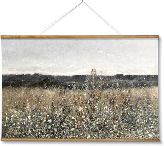 ARPEOTCY Extra Large Vintage Framed Wall Art, 36x54 Inch Flower Meadow Landscape Hanging Framed Wall Art Decor for Living Room Bedroom, Canvas Prints, Retro Scenery Pictures Above of Bed