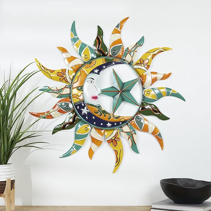 Deco 79 Metal Sun and Moon Indoor Outdoor Abstract Patterned Wall Decor with Navy and Orange Accents, 36" x 2" x 36", Multi Colored