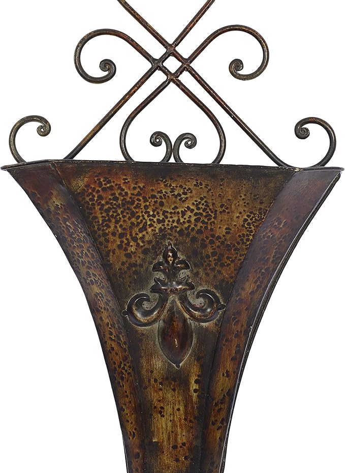 Deco 79 Metal Scroll Indoor Outdoor Wall Planter Indoor Outdoor Weathered Hanging Hanging Planter with Fleur-De-Lis Accent, Set of 2 Plant Hanger 22", 18"H, Brown