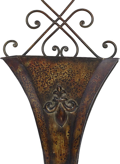 Deco 79 Metal Scroll Indoor Outdoor Wall Planter Indoor Outdoor Weathered Hanging Hanging Planter with Fleur-De-Lis Accent, Set of 2 Plant Hanger 22", 18"H, Brown