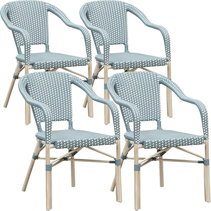 PURPLE LEAF Outdoor Dining Chair Set of 4 White Print Finish Patio Chairs Aluminum Wicker Rattan Armchair for Garden Kitchen Porch Light Blue French Bistro Chair Set