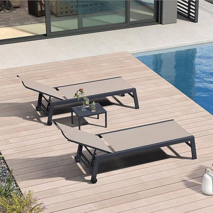 PURPLE LEAF Patio Chaise Lounge Set 4 Pieces Aluminum Outdoor Lounge Chairs with Wheels and Side Table Sunbathing Recliner Taupe
