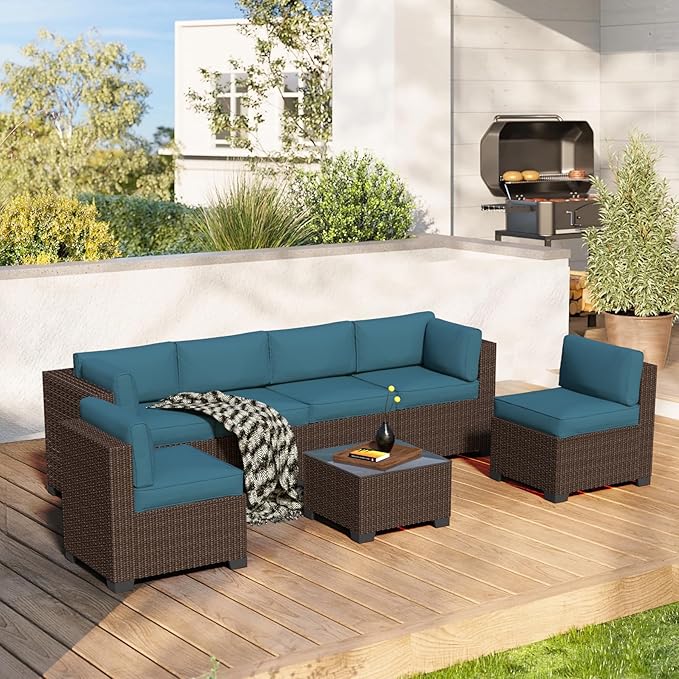 7-Piece Outdoor Sectional Patio Furniture Set, All-Weather Wicker Rattan Sofa w/Thick Washable Cushions & Tempered Glass Table, Perfect for Garden, Poolside, Backyard (7, Brown&Peacock Blue)