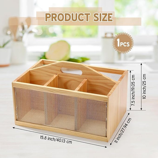 Teenyyou Garden Tool Organizer Wooden Garden Caddy with 4 Compartments and Handle Portable Gardening Tool Basket Nesting Box Practical Gardener Gift for Gardening Lovers