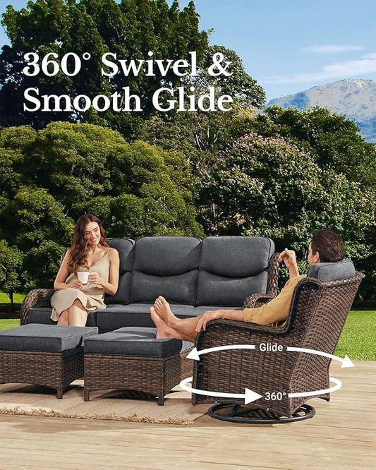 HILLGA Luxury Patio Furniture Set with 6-Inch Thick Cushions, High Back Outdoor Swivel Rocker Chairs Patio Couches, 6-Piece All Weather Conversation Set for Porch Deck Pool Yard, Dark Grey (V3)