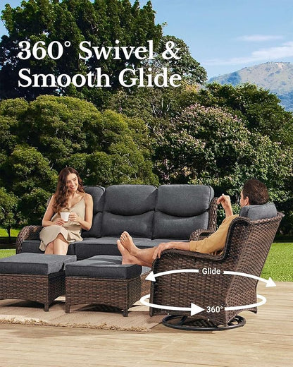 HILLGA Luxury Patio Furniture Set with 6-Inch Thick Cushions, High Back Outdoor Swivel Rocker Chairs and Patio Couch, 13-Piece All Weather Conversation Set for Porch Deck Pool Yard, Dark Grey (V3)