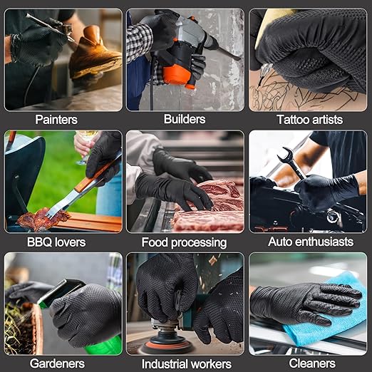 10mil Heavy Duty Nitrile Gloves Large Black Disposable Rubber Gloves with Diamond Grip Anti Chemical Puncture Resistant Mechanics Guantes for Men/Auto repair/Cooking/Food Grade-Latex Free-100