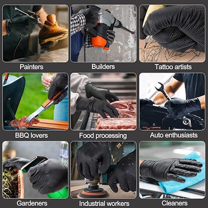 10mil Heavy Duty Nitrile Gloves Large Black Disposable Rubber Gloves with Diamond Grip Anti Chemical Puncture Resistant Mechanics Guantes for Men/Auto repair/Cooking/Food Grade-Latex Free-100
