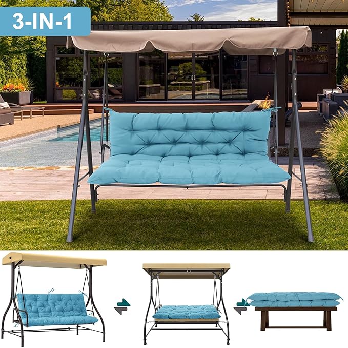Outdoor Swing Cushions 3 Seater Waterproof, Replacement Bench Cushions for Outdoor Patio Furniture with Backrest, Porch Swing Cushion with Ties for Lawn and Garden (Sky Blue, 40x60in)