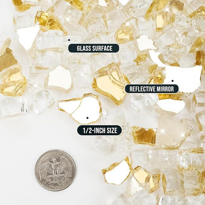 Skyflame High Luster 10-Pound Fire Glass for Fire Pit Fireplace Landscaping, 1/2-Inch Gold Reflective