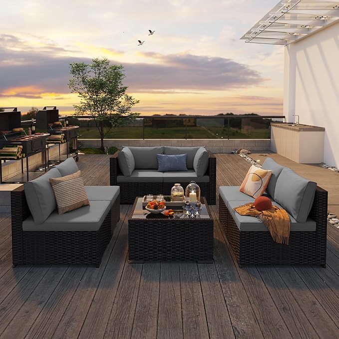 7 Pieces Patio Furniture Set, Outdoor Sectional Rattan Sofa Set, Wicker Patio Conversation Set with Cushions and Glass Coffee Table, for Balcony, Porch, Garden, Grey