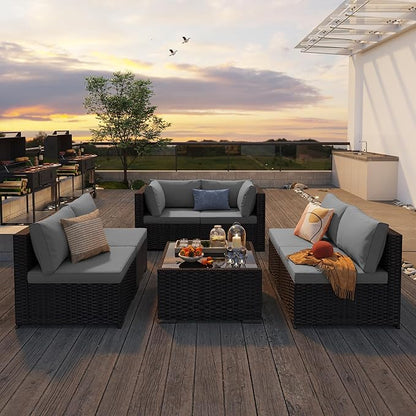 7 Pieces Patio Furniture Set, Outdoor Sectional Rattan Sofa Set, Wicker Patio Conversation Set with Cushions and Glass Coffee Table, for Balcony, Porch, Garden, Grey