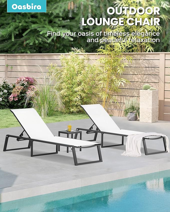 Aluminum Chaise Lounge Chair Outdoor, Foldable& No Assembly Patio Pool Lounge Chairs 5-Position Recliner for Outside, Fully Grounded Legs Sun Lounger for Poolside, Bright White