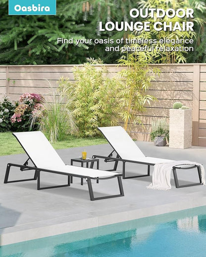 Aluminum Chaise Lounge Chair Outdoor, Foldable& No Assembly Patio Pool Lounge Chairs 5-Position Recliner for Outside, Fully Grounded Legs Sun Lounger for Poolside, Bright White