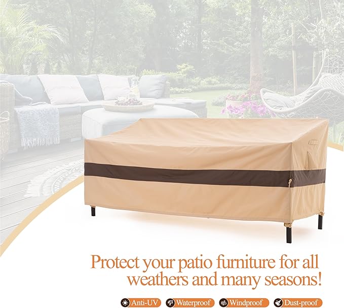 WJ-X3 3-Seater Outdoor Sofa Cover, Heavy Duty Patio Sofa Cover, Outdoor Couch Cover Waterproof, High Wind Resistant Design for Patio Couch Cover, 87W x 37D x 35H, Beige & Coffee