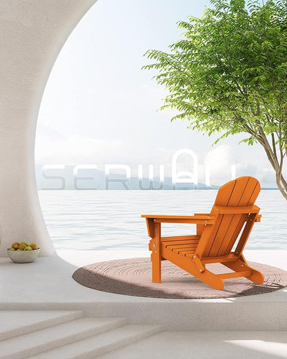 SERWALL Folding Adirondack Chair Set of 4, Weather Resistant HIPS Patio Chairs with Cup Holder for Patio Garden Outdoors Fire Pit Chairs- Orange