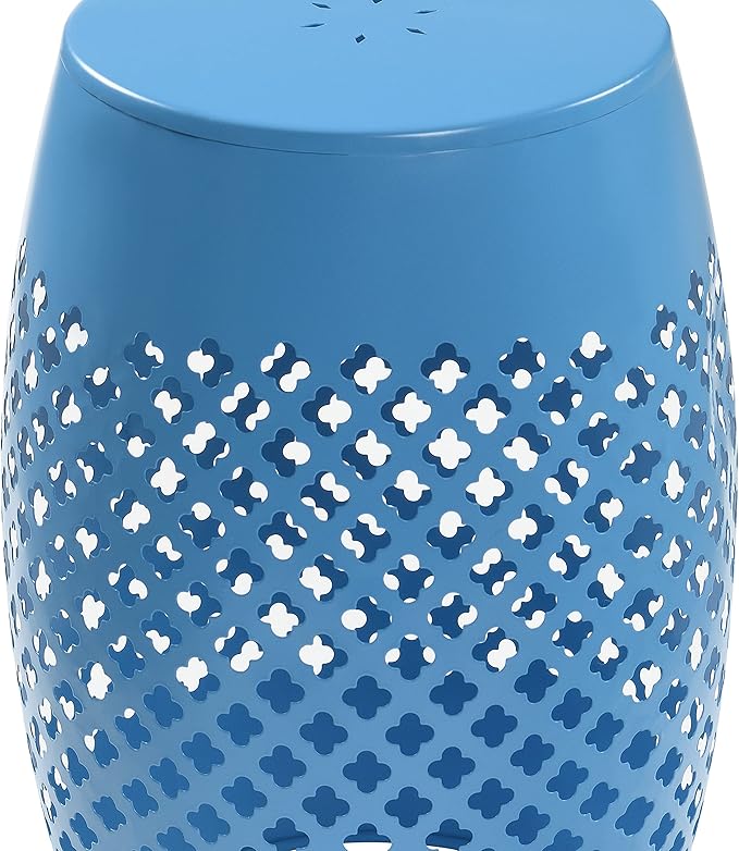 AC Pacific Outdoor Indoor Lace-Cut Iron Drum Side Table, Powder-Coated, Unique and Versatile Metal Pedestal Stand, Modern Contemporary Accent Piece, Blue