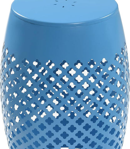 AC Pacific Outdoor Indoor Lace-Cut Iron Drum Side Table, Powder-Coated, Unique and Versatile Metal Pedestal Stand, Modern Contemporary Accent Piece, Blue