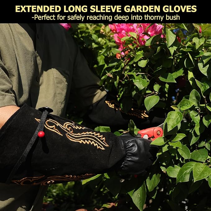 Long Leather Thorn Proof Gardening Gloves for Women/Men, Great for Rose Pruning, Cactus Handling, Weeding, Heavy Duty Gauntlet, Garden Gifts for Gardener (Western Style, Small)