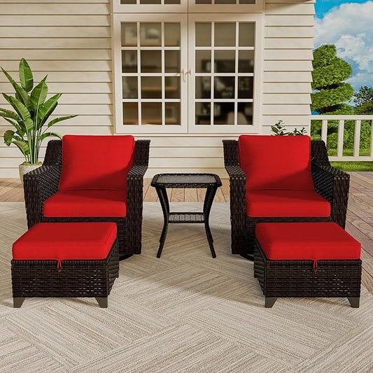 Vista Vibe 5 Pieces Outdoor Rattan Patio Conversation Furniture Set - 360 Degree Swivel Glider Rocker Chairs | Coffee Table | 2 Wicker Ottomans, Premium & Washable Cushions, Terrace (Brown/Red)