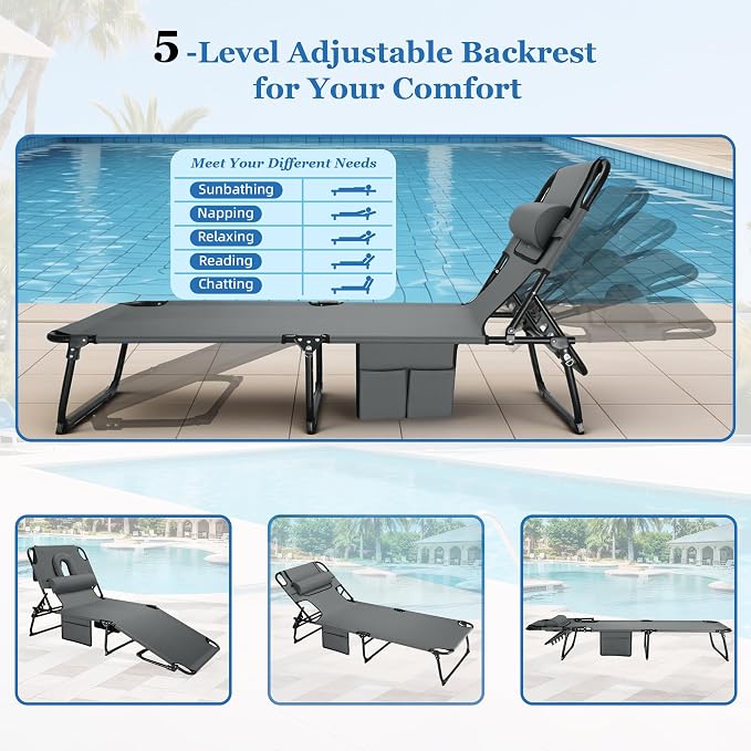 3-in-1 Sun Tanning Chair with Face Holes, Folding Chaise Lounge Chairs, 5-Position Adjustable Lounge Chair Outdoor with 2 Side Pocket & Pillow, for Pool Beach, Patio, Camping, Grey