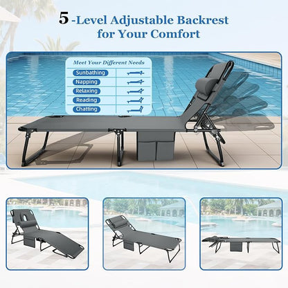 3-in-1 Sun Tanning Chair with Face Holes, Folding Chaise Lounge Chairs, 5-Position Adjustable Lounge Chair Outdoor with 2 Side Pocket & Pillow, for Pool Beach, Patio, Camping, Grey