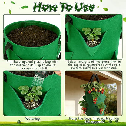 Augshy 3 Pack Upside Down Strawberry Planter Bags, 3 Gallon Hanging Grow Bags 6 Pockets with 3 Hooks Tomato Planter Topsy Turvy Planter for Strawberry Tomato Herb Vegetables House Garden