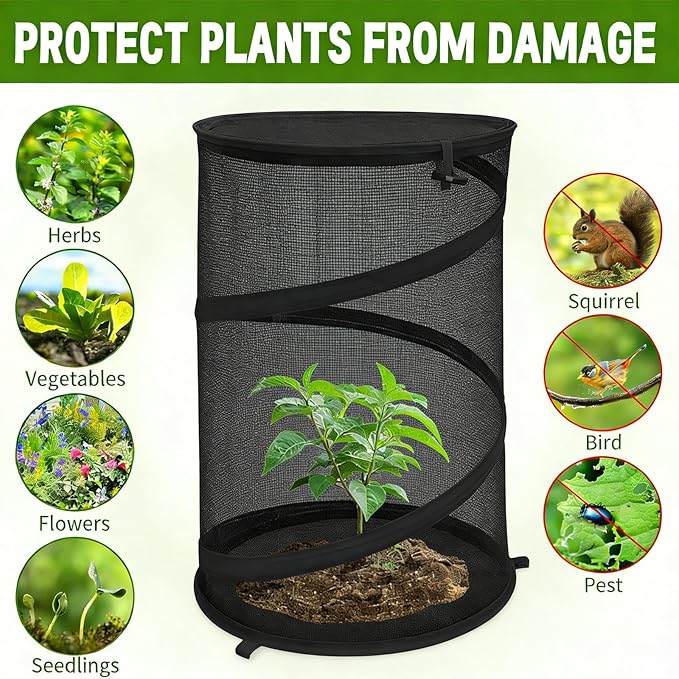 4 Pcs Pop Up Mesh Plant Protectors, 21 x 13 Foldable Garden Cover, Specifically Designed for Outdoor Vegetables, Seedlings & Flowers, Animal Barrier Cloches with Stakes (Black)