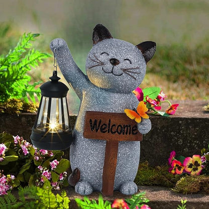 Juegoal Garden Statue Solar Cat Figurine with Lantern, 10" Resin Kitten Outdoor Lawn Porch Yard Art, Lighted Christmas Birthday Gifts for Mom Grandma