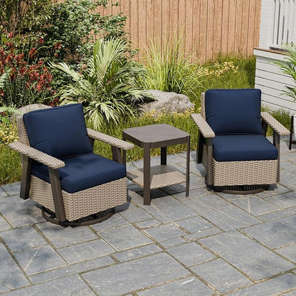 EAGLE PEAK Classic Wicker Patio Bistro Set of 3, Outdoor Patio Furniture with 360° Swivel Rocker Chair and Side Table, Lounge Set for Porch, Deck, or Balcony, Beige/Dark Blue