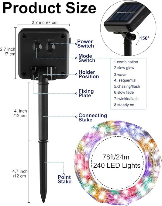 Treela 8 Pack Solar String Lights Outdoor Waterproof Each 240 Led 78ft Solar Fairy Lights Outdoor 8 Mode Led Tree Waterproof Copper Wire Garden Yard(Multicolor)