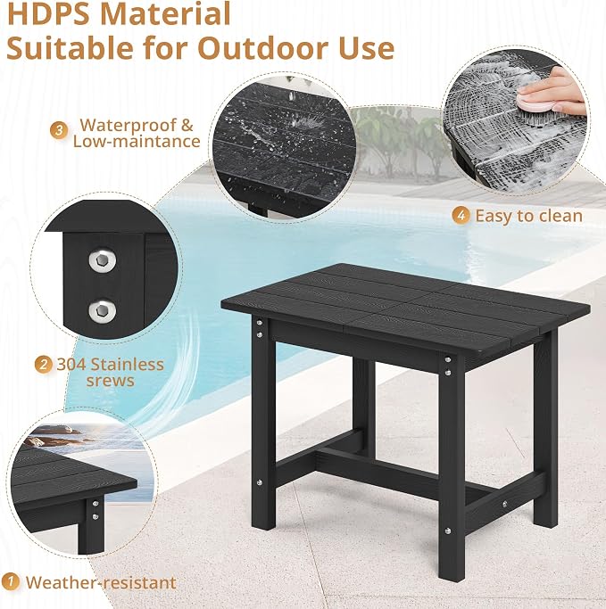 LUE BONA Outdoor Side Table, HDPS Large Size Outdoor Table, Adirondack Side Table, Outside End Table for Patio, Porch, Beach, Garden, Weather Resistant/Easy Maintenance/Indoor or Outdoor Use, Black