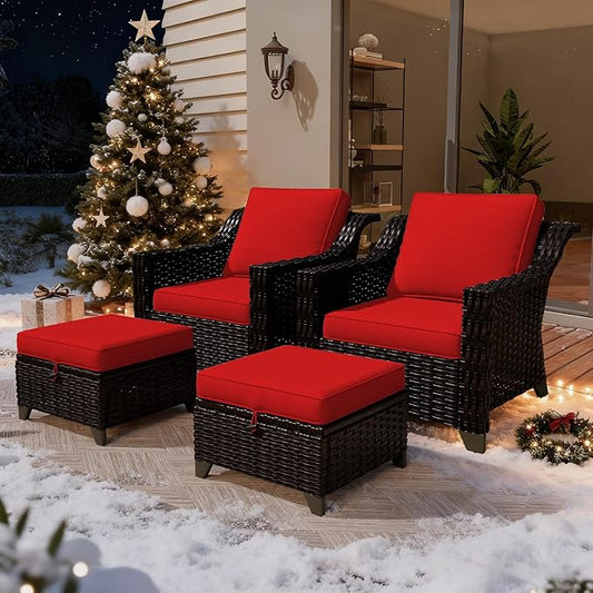 VistaVibe 4 Pieces Outdoor Patio Conversation Furniture Set - 2 Luxurious Armchairs | 2 Wicker Ottomans, Removable Cushions, Hand-Woven PE Rattan, Office, Porch (Brown/Red)