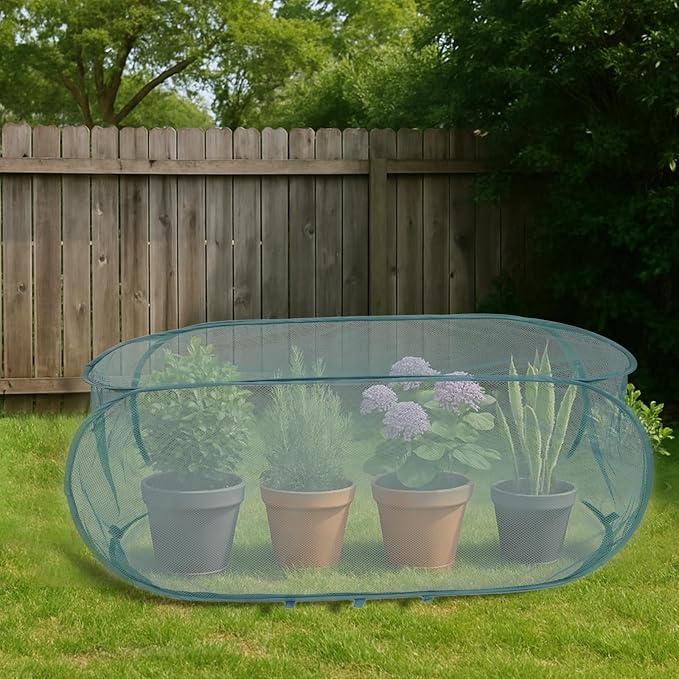 Lyreh 2pcs Pop Up Mesh Plant Cover, 39x18x16in Outdoor Pop Up Garden Netting Plant Cover with 16 Ground Stakes Suitable for Protecting Vegetables Fruits Flowers Seedlings