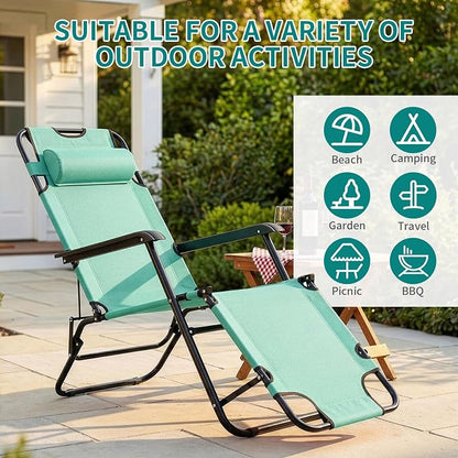 Outvita Folding Chaise Lounge Chair, Outdoor Adjustable Recliner Chair with Pillow for Camping, Beach, Poolside, Garden, Backyard, Lawn