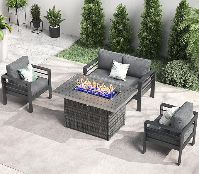 LayinSun Aluminum Furniture Set with Fire Pit Table, 4 Pieces Patio Sectional Conversation Chat Sofa Modern Seating Set