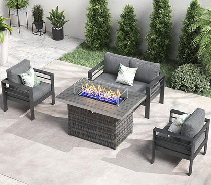 LayinSun Aluminum Furniture Set with Fire Pit Table, 4 Pieces Patio Sectional Conversation Chat Sofa Modern Seating Set