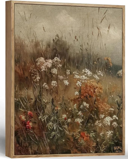 Vintage Canvas Wall Art Flowers Wall Decor Landscape Countryside Wildflowers Oil Painting Farmhouse Picture Modern Print Rustic Floral Prints Living Room Bedroom Bathroom 12x16 Inch Framed