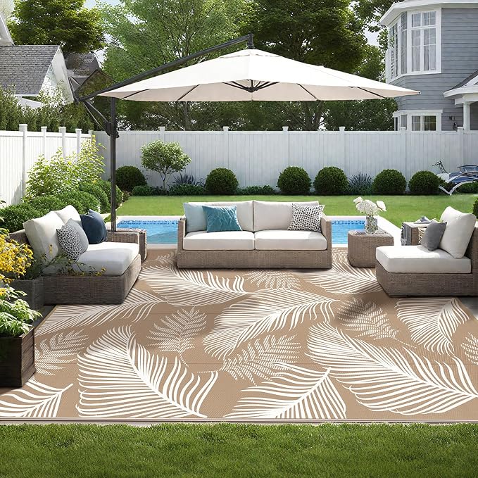 Pauwer Waterproof Outdoor Rug 9x12, Reversible Plastic Straw Patio Camping Rug, Indoor Outdoor RV Mat Carpet for Deck, Camper, Porch, Balcony, Backyard, Picnic, Leaf Brown