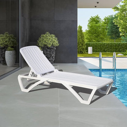 Domi Patio Chaise Lounge, Outdoor Lounge Chair, All-Weather Plastic Adjustable Reclining Lounger, Stackable Tanning Lounge Chair w/Wheels, for Beach Garden Lawn Pool(1 White Chair W/O Table)