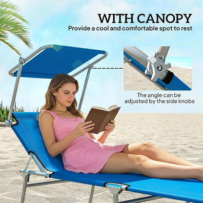 Outsunny Outdoor Lounge Chair, Adjustable Folding Chaise Lounge, Tanning Chair with Sun Shade for Beach, Camping, Hiking, Backyard, Blue