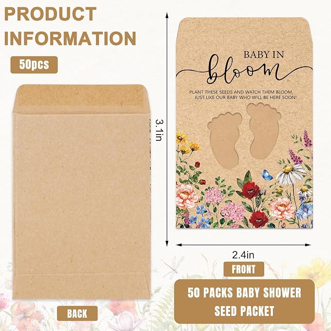 JarThenaAMCS 50Pcs Wildflower Baby Shower Seed Packets Self Adhesive Kraft Envelope with Footprint Window Vintage Floral Baby in Bloom Seed Storage Pockets for Gender Reveal Birthday（No Seeds）