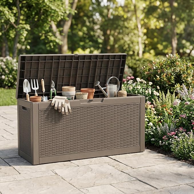 60 Gallon Deck Box, Waterproof Resin Outdoor Storage Box Lockable for Patio Furniture, Fade Resistant Patio Side Table & Organizer for Garden Tools, Pool Floats, Outdoor Cushions, Light Coffee