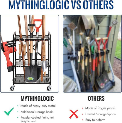 Mythinglogic Garden Tool Organizer for Garage, Yard Tool Rack with Wheels, Garage Organizers and Storage Holder for Yard Tools (Small Tower)