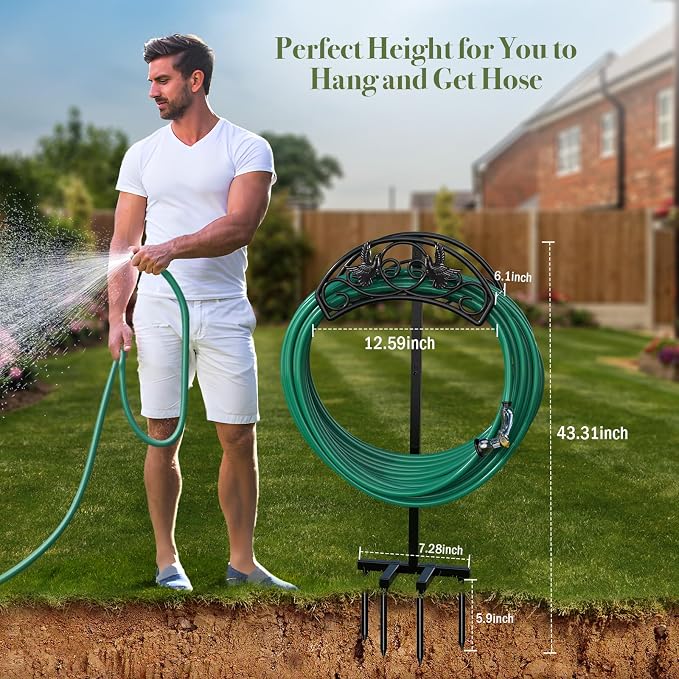 Winpull Garden Hose Holder Detachable, Heavy Duty Metal Water Hose Hanger Freestanding Hose Organizer Hose Holders for Outside (Black)