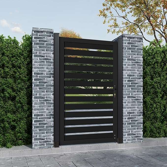 6ft x 3ft Aluminum Alloy Privacy Gate - Outdoor Metal Garden Gate with Lockable Knob, Semi-Open Security Gate, Design for Patio, Yard & Backyard, Easy Installation Without Posts